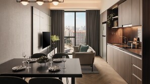 A modern kitchen with a dining area, large windows, and a city view. - Quincy House Singapore  (Singapore)