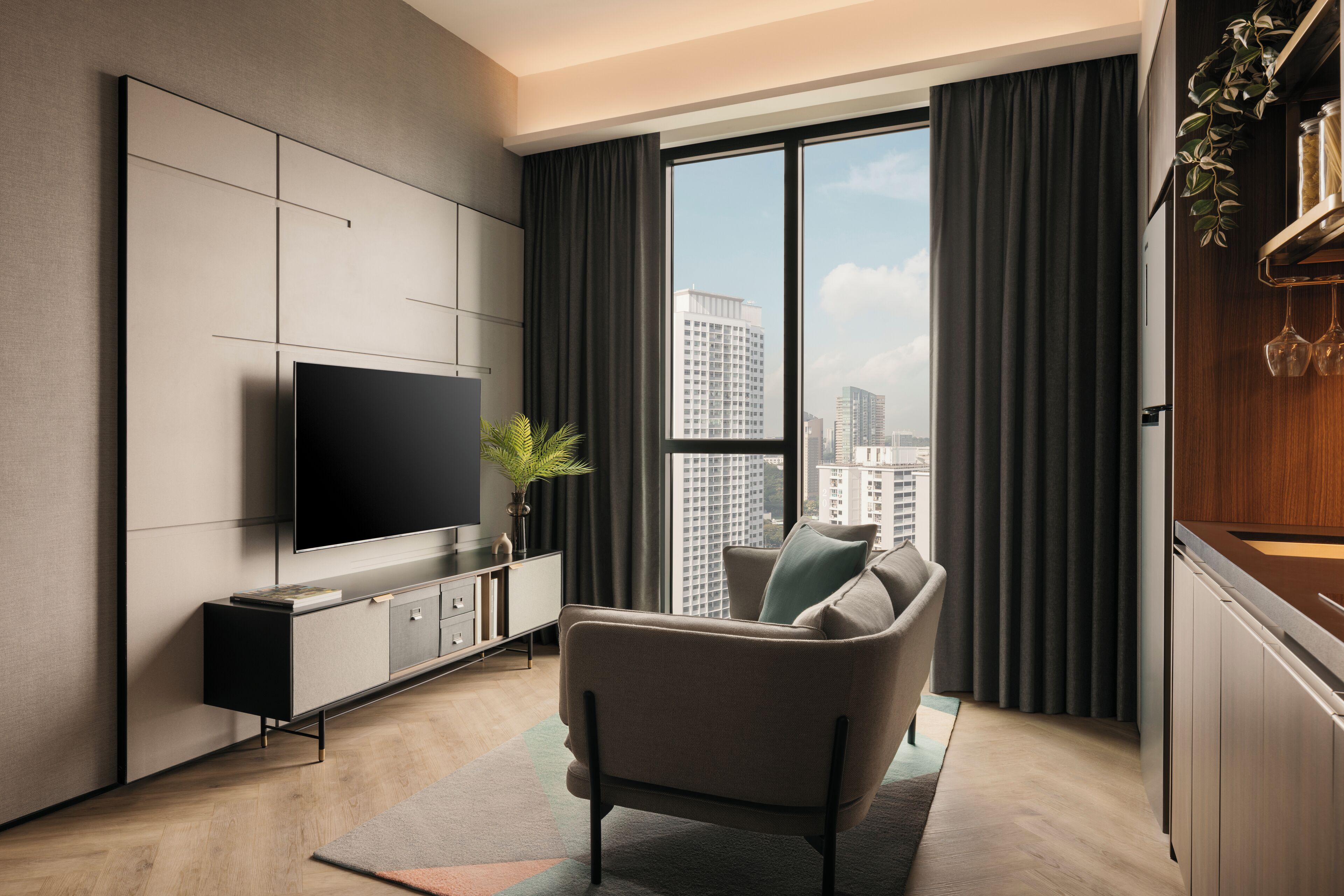 Deluxe Apartment, 2 Bedrooms | Living area | 43-inch LED TV with cable channels