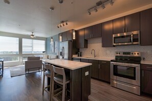 Fridge, dining tables