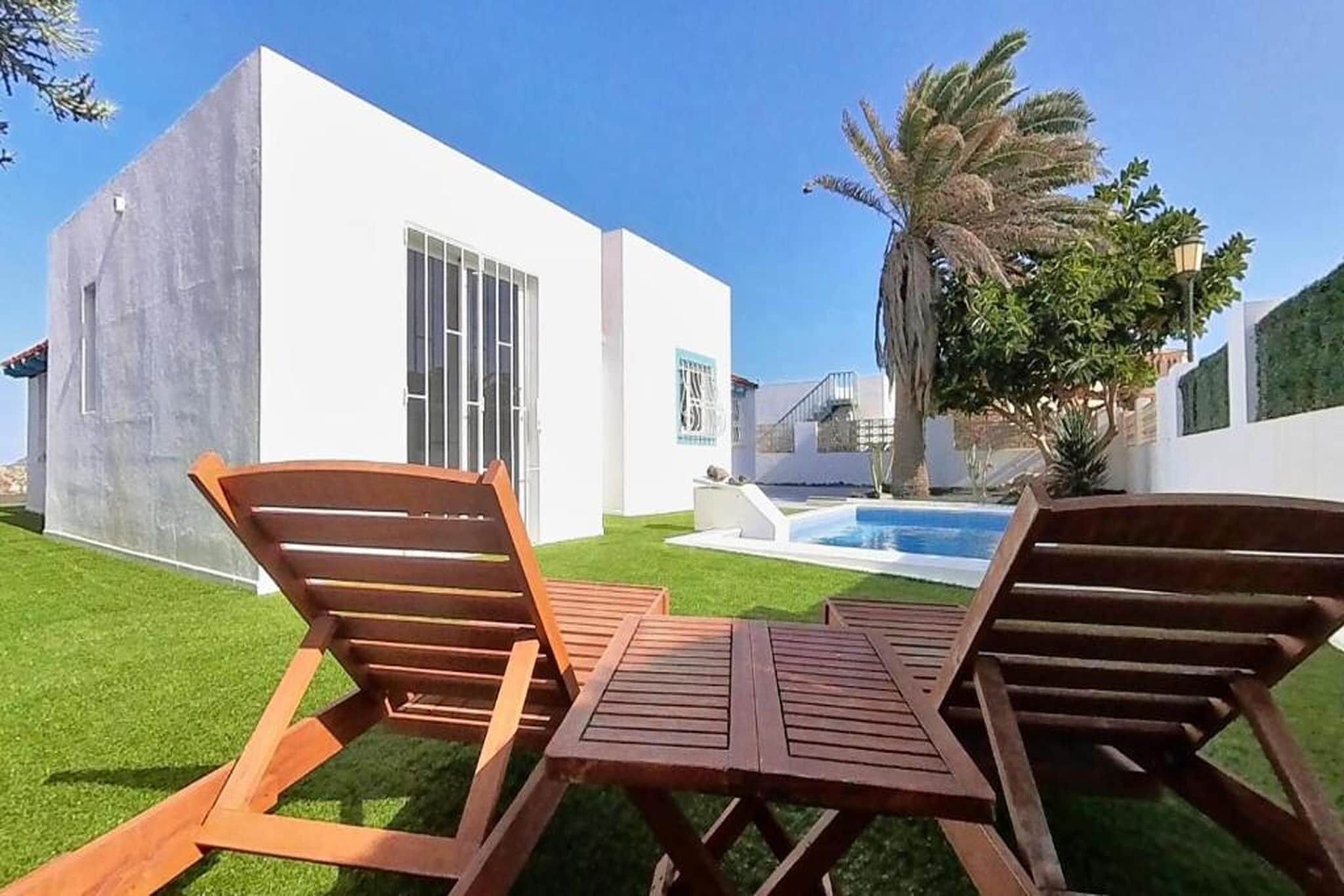 A modern house with a swimming pool, two wooden lounge chairs, and a well-maintained lawn.
