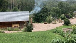 Mökki, jonka katto on tehty metallista, ja jonka ympärillä on puutarha, jossa kasvaa monenlaisia kasveja, sekä sorapolkua.