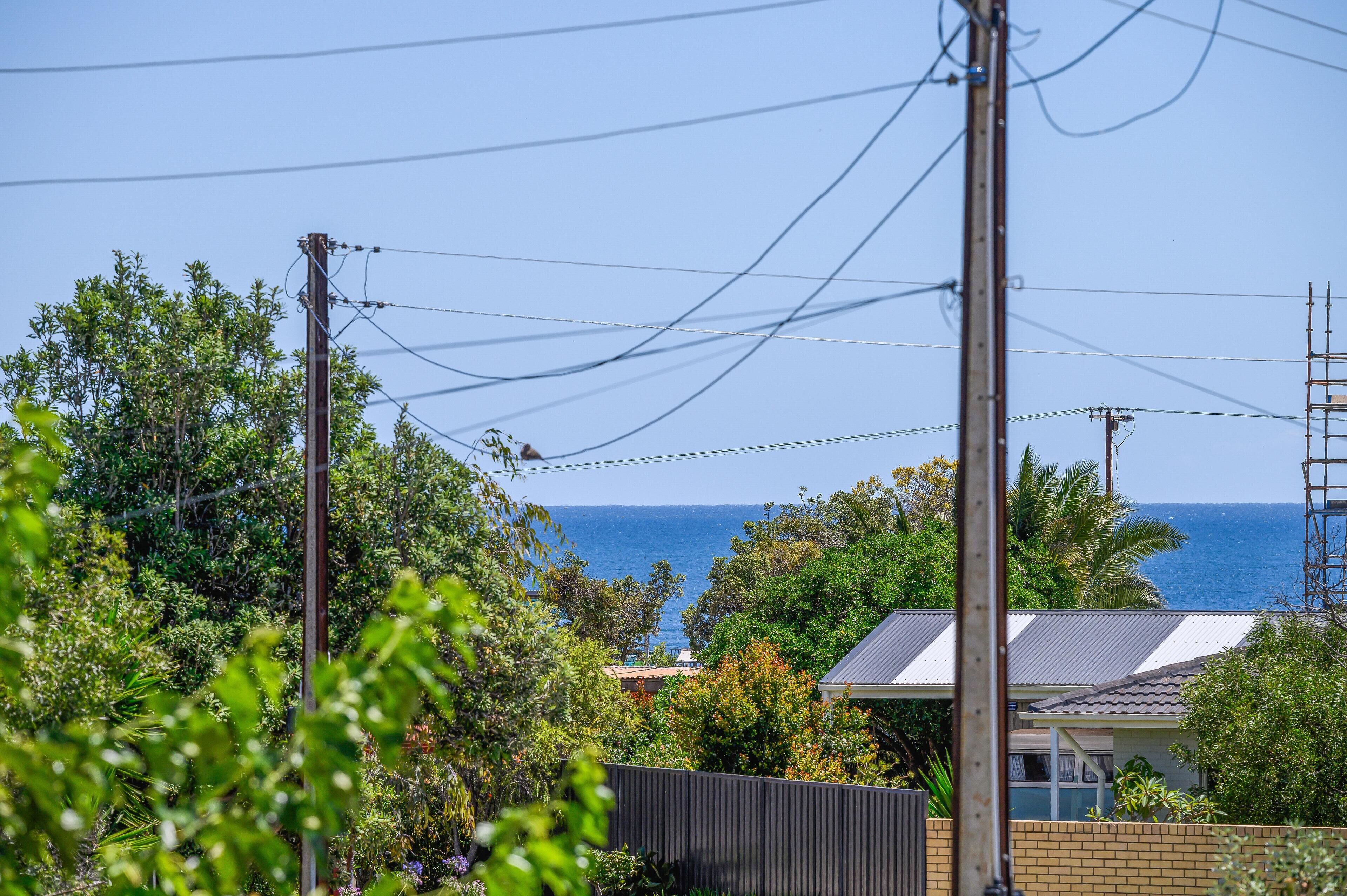 A residential area with a view of the ocean, surrounded by greenery and utility poles.