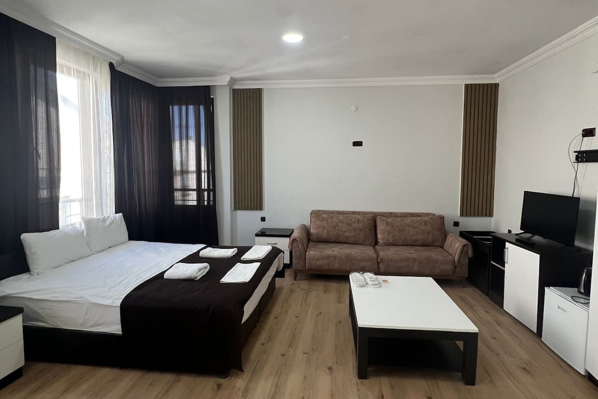 Une chambre d’hôtel moderne avec un grand lit, un canapé, une petite table et un téléviseur.