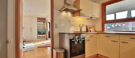 Fridge, stovetop, dishwasher, coffee/tea maker