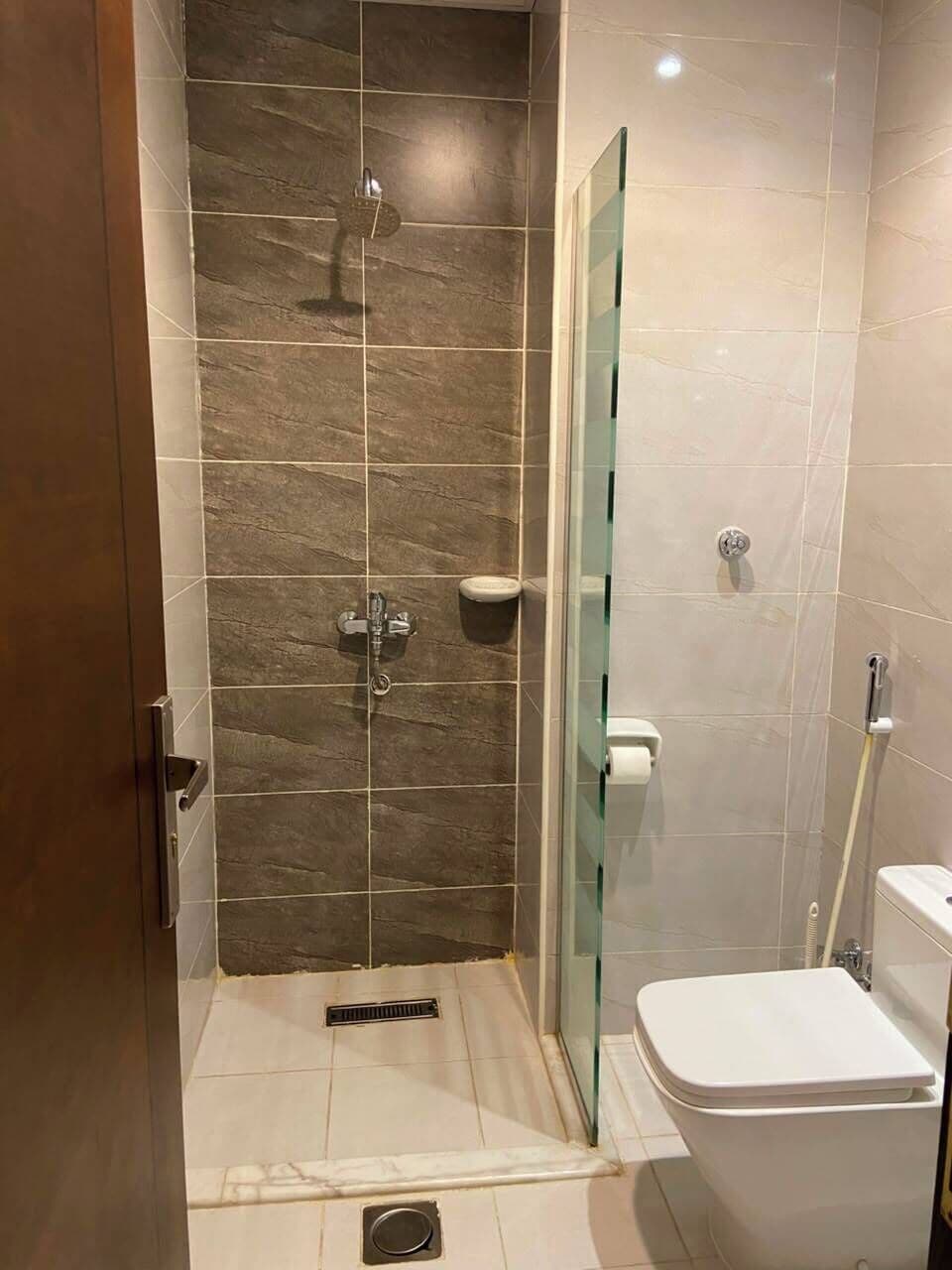 Baño con ducha, inodoro y puerta de cristal.