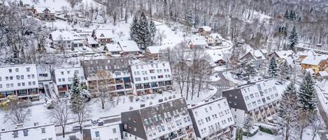 Ett bostadsområde med flera hyreshus, omgivet av snötäckta träd och berg.