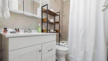 Hair dryer, towels, soap, toilet paper