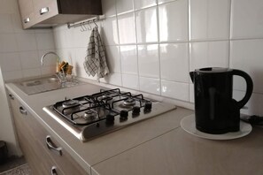 Kühlschrank, Ofen, Herdplatte, Wasserkocher mit Kaffee-/Teezubehör