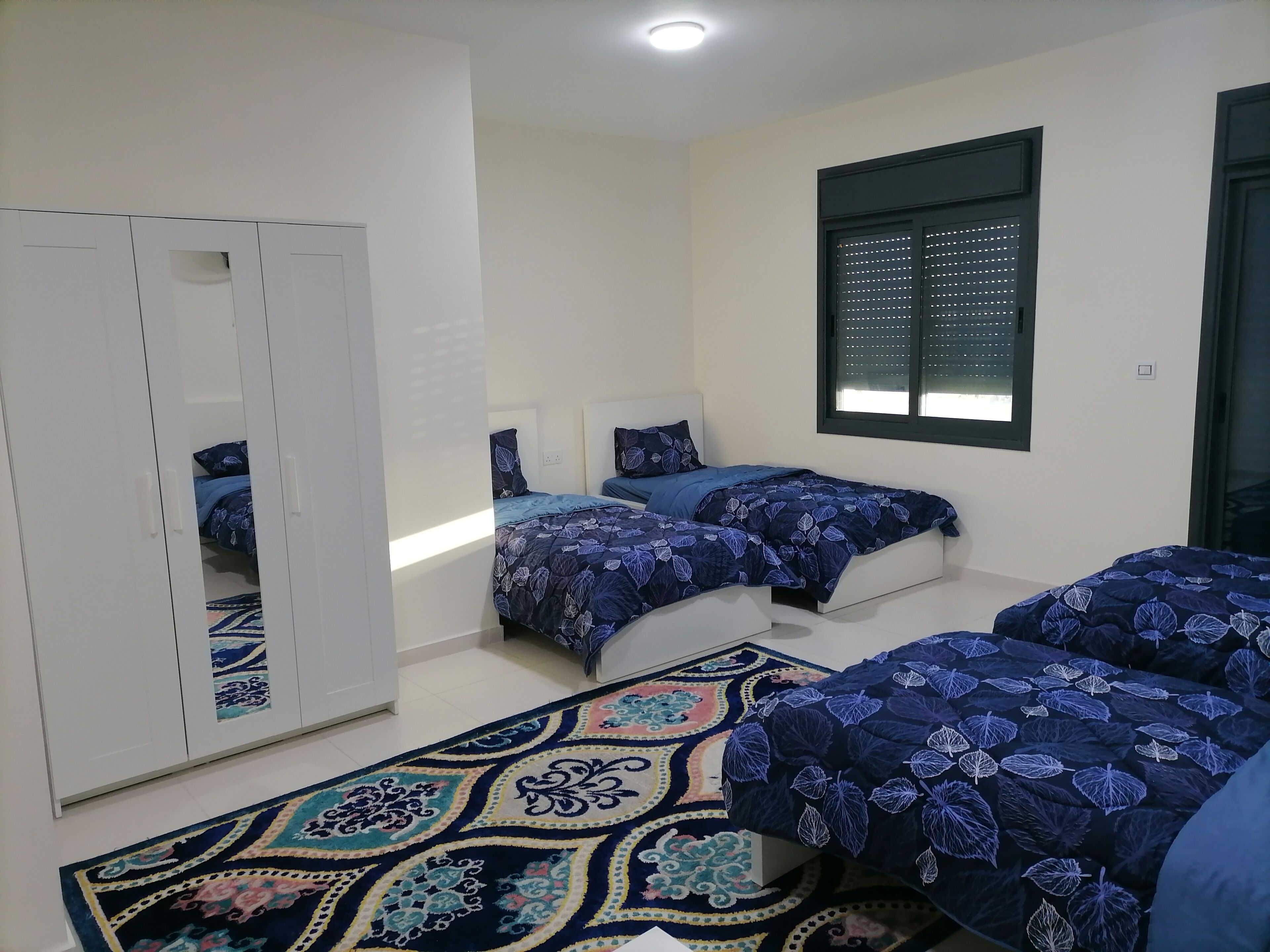 Un dormitorio con dos camas, un armario, un tapete estampado y una ventana con persianas.