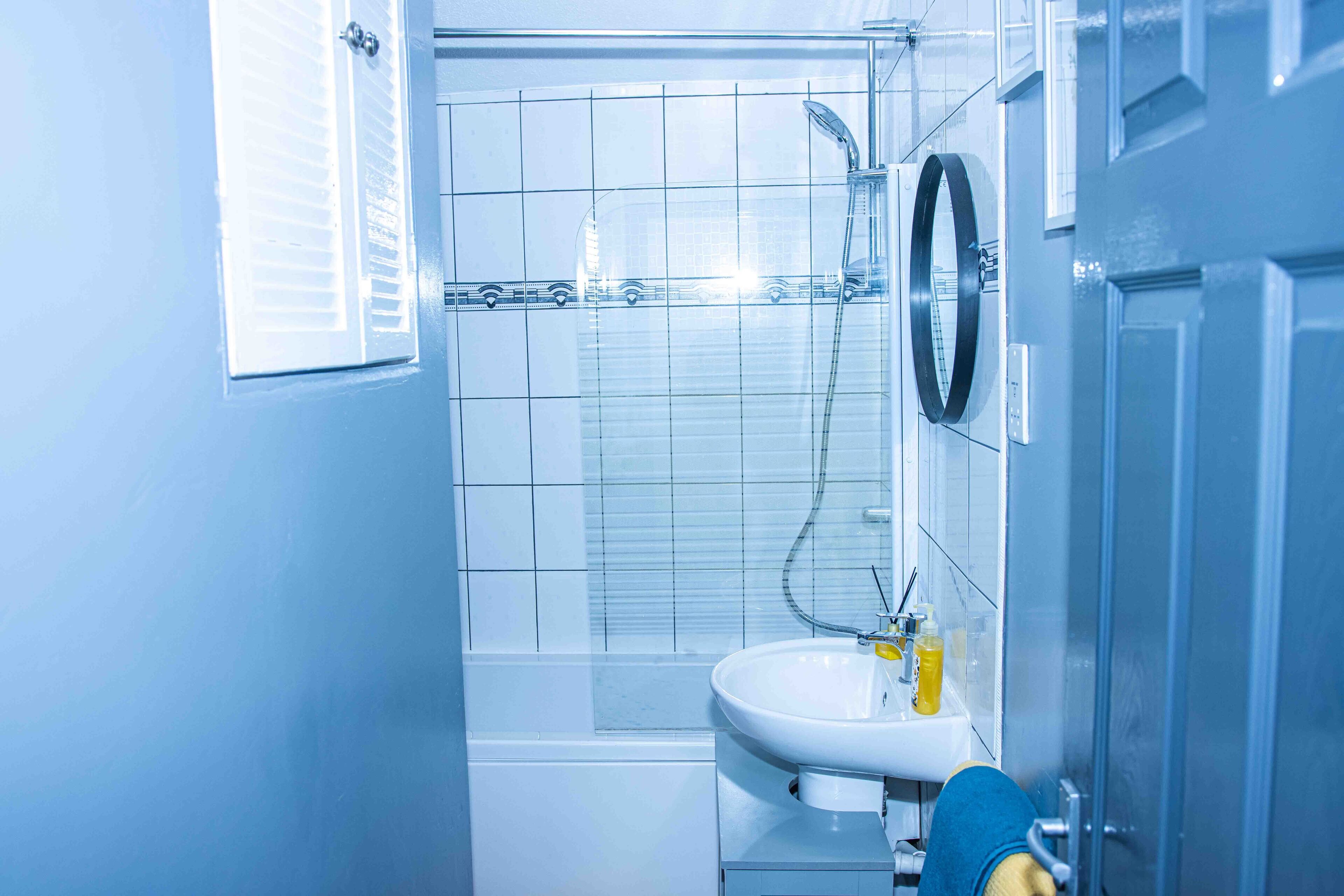 A bathroom with a white sink, a mirror, and a shower.