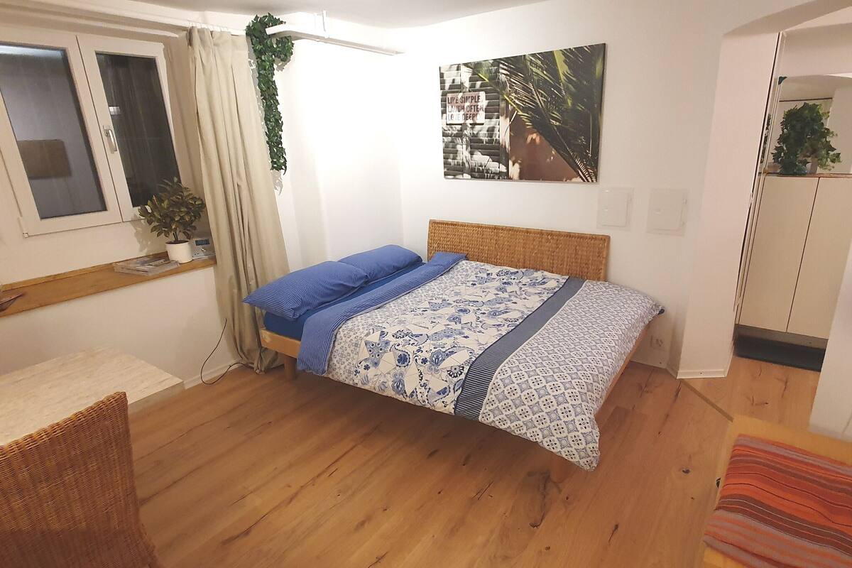 A bedroom with a bed, a desk, and a chair. There is a window with curtains and a plant on the desk.