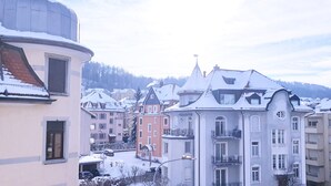 A row of multi-story buildings with snow-covered roofs and balconies, typical of a residential area in a cold climate. - Gertrud Schlössli (St. Gallen)