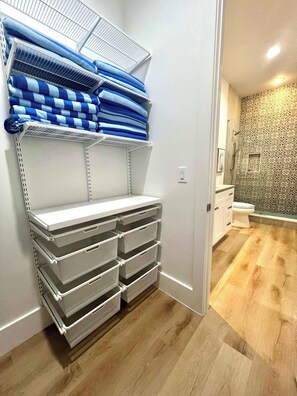 Shower, hair dryer, towels