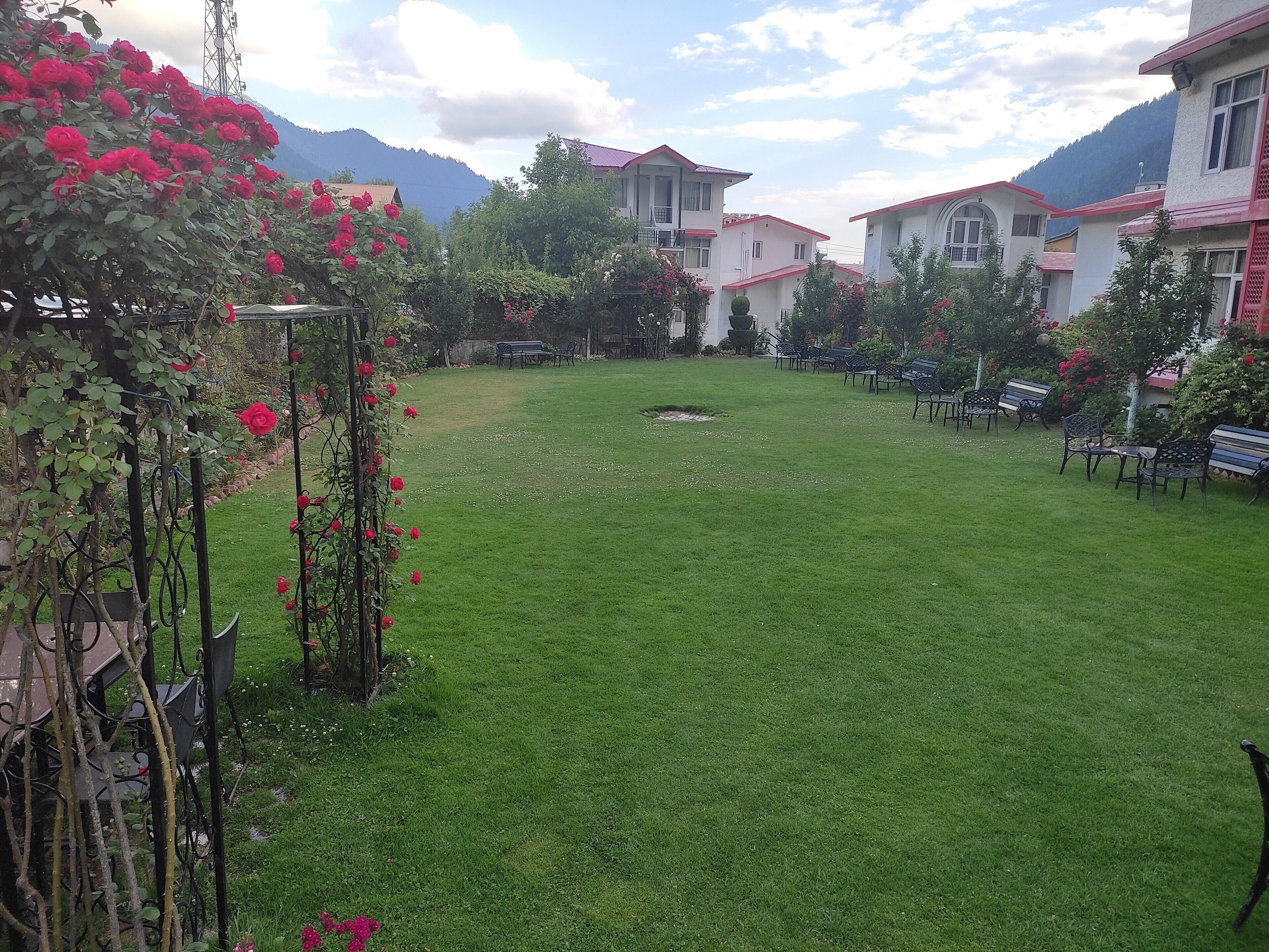 A well-maintained garden with a lawn, benches, and a pergola with climbing plants.
