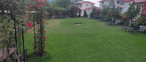 A well-maintained garden with a lawn, benches, and a pergola with climbing plants.