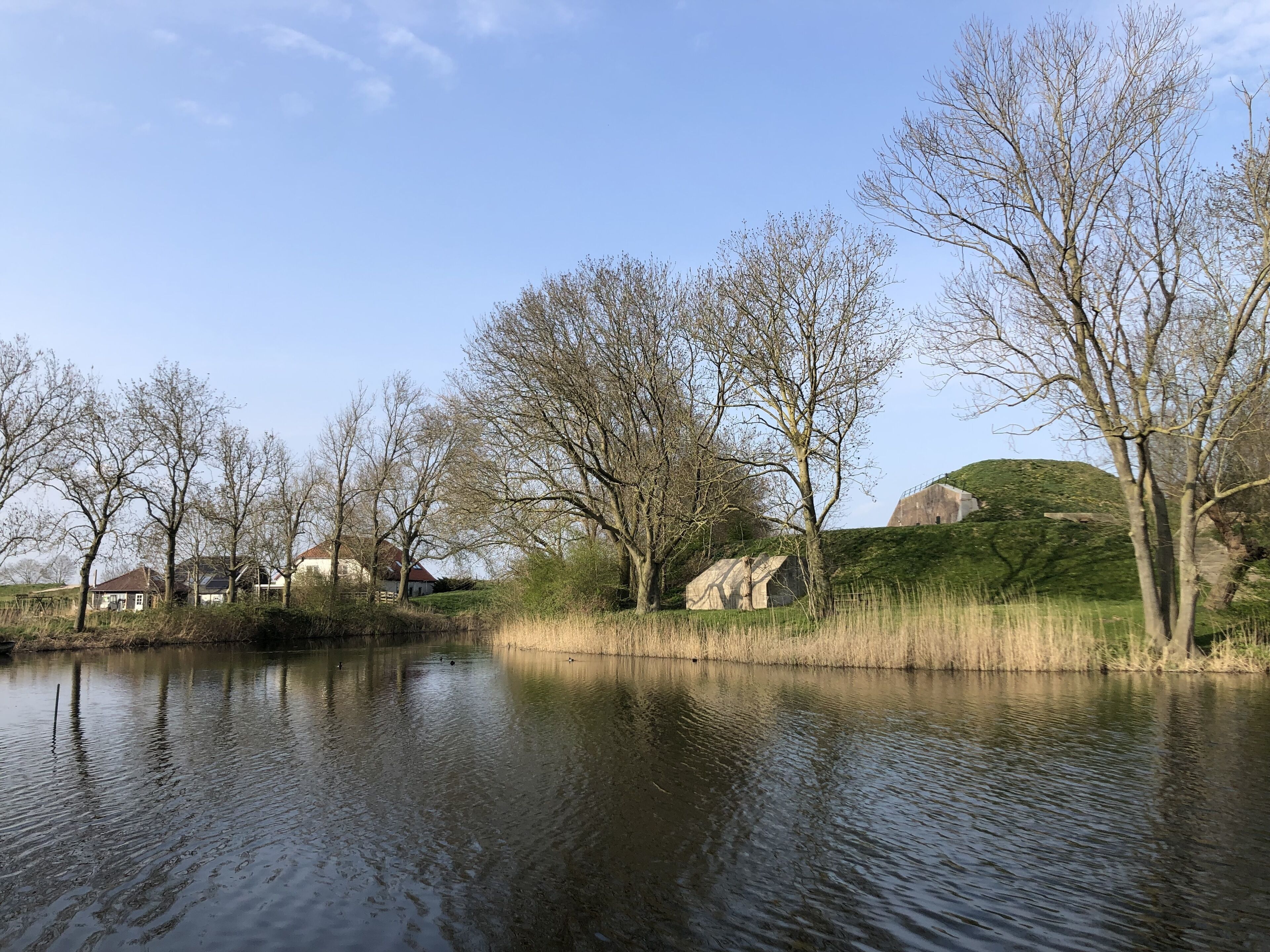 A calm river with trees and houses on the banks.