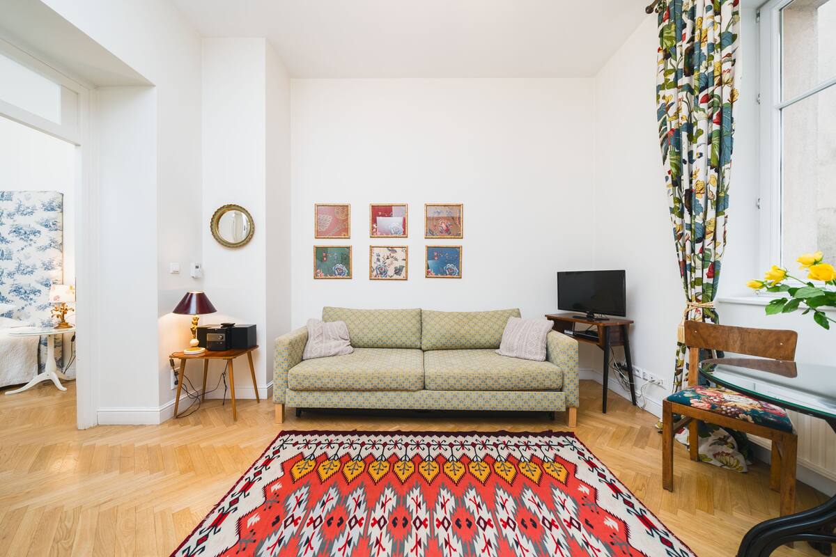 Een woonkamer met een bank, een televisie, een kamerkleed met patroon en een bloemen gordijn.