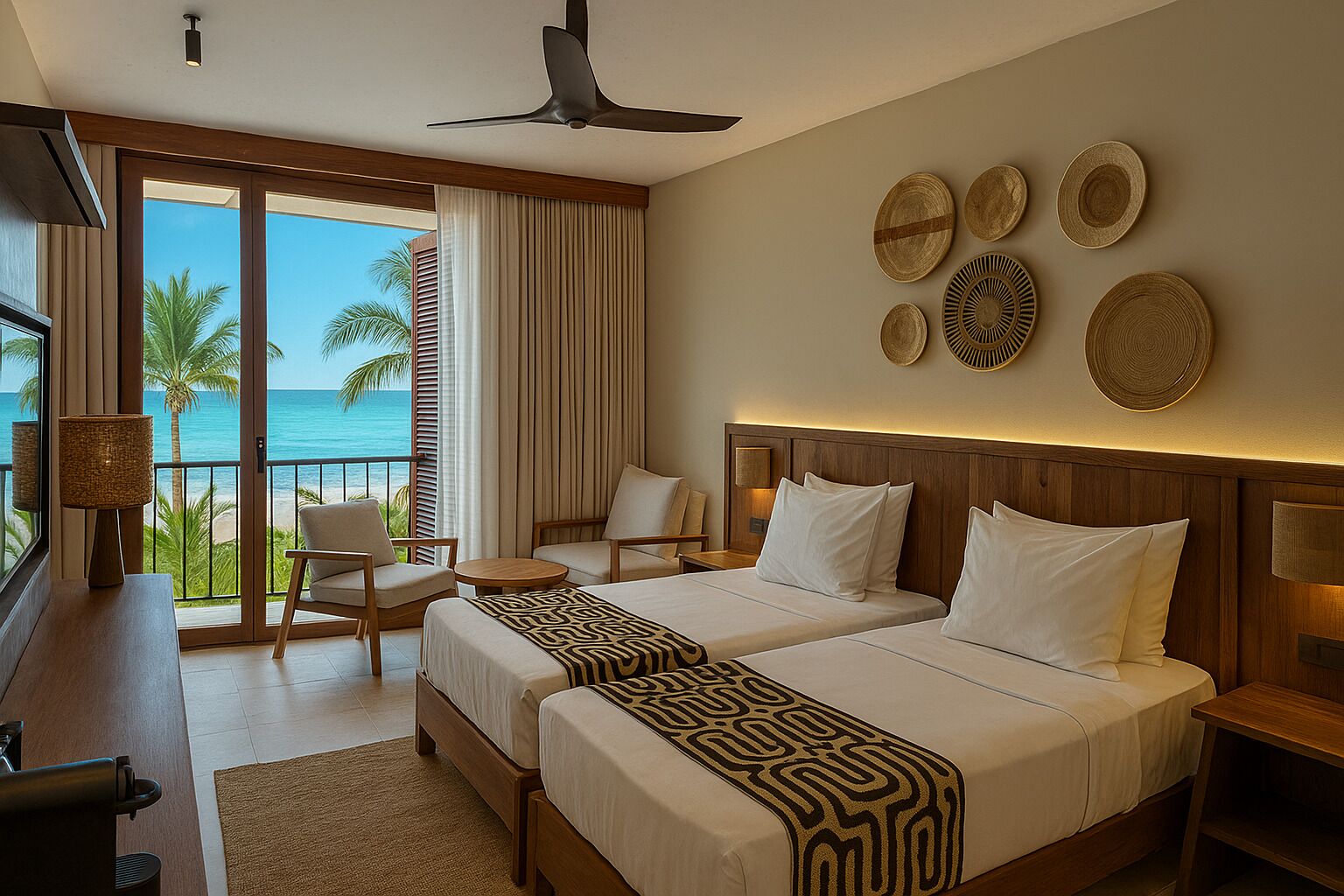A hotel room with two beds, a desk, a chair, and a view of the ocean.