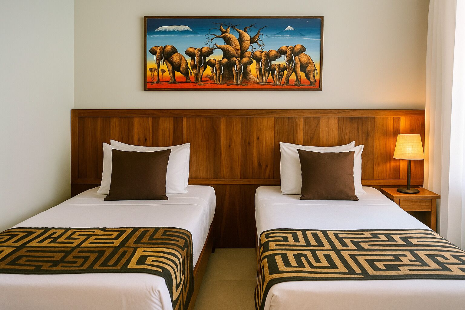 Camera d'albergo con due letti, poggiatesta in legno, biancheria da letto bianca, coperte decorative a motivi e un comodino con lampada, e un quadro con elefanti sulla parete.