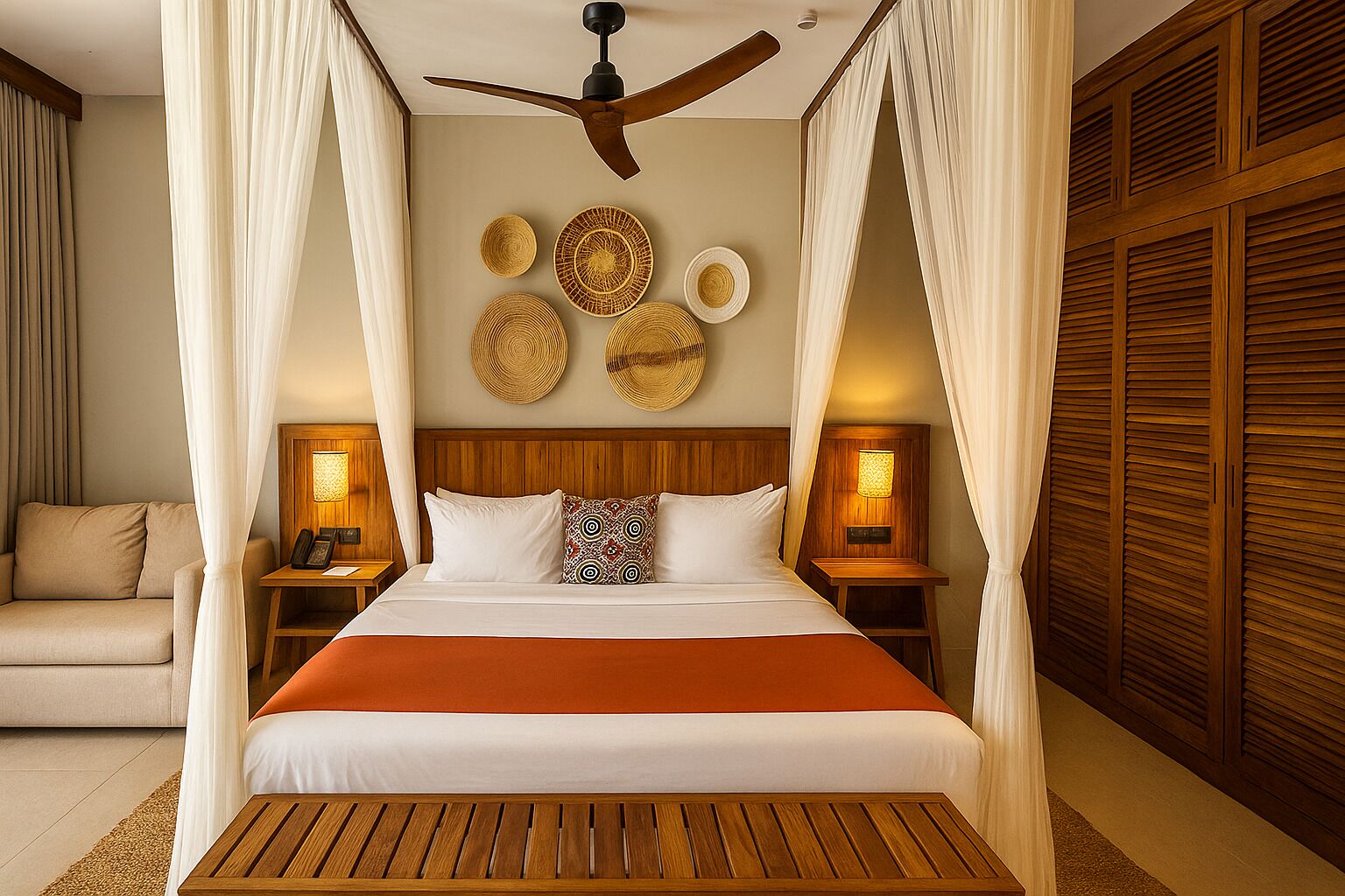 Un dormitorio con cama con dosel, cabecera de madera, lámparas de noche y decoración en la pared.