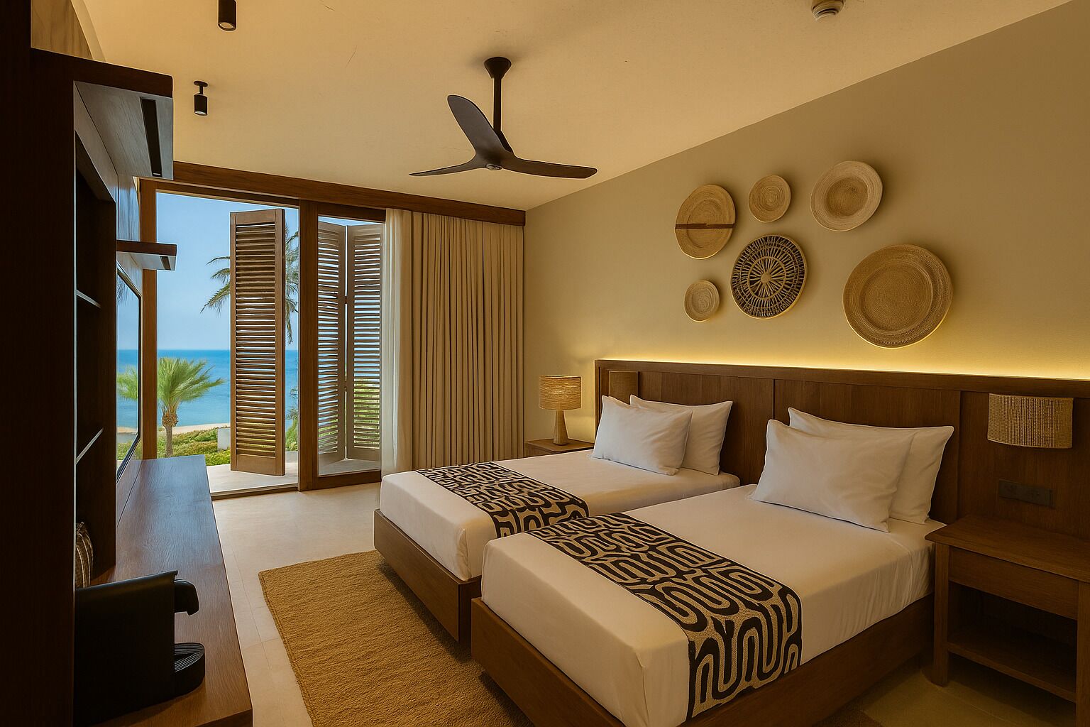A hotel room with two beds, a ceiling fan, a view of the ocean, and a balcony with sliding doors.