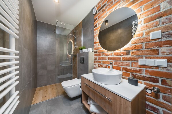 11. Studio Saint Florian's Suites | Phòng tắm | Buồng tắm vòi sen, máy sấy tóc, khăn tắm, xà phòng 