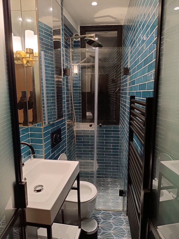 Shower, towels, soap, toilet paper