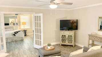 1 bedroom, desk, iron/ironing board, travel cot