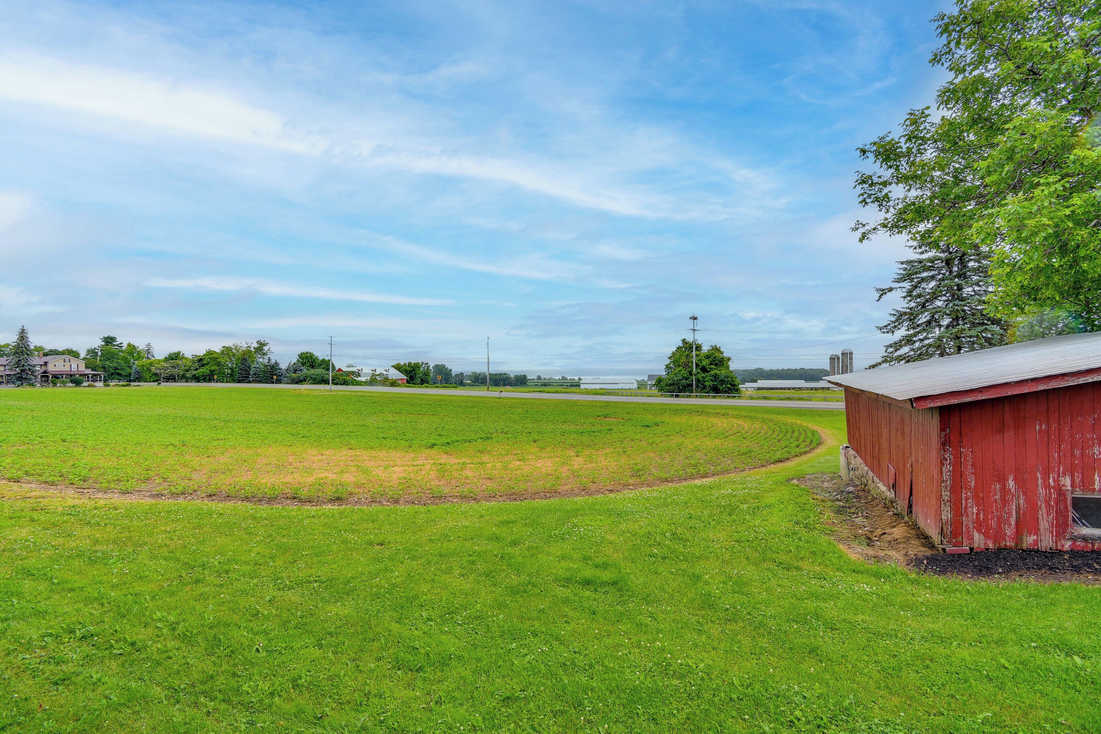 Ein grasbewachsenes Feld mit einem roten Bauernhaus und blauem Himmel.