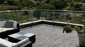 Una terraza en la azotea con barandilla de cristal, mobiliario de mimbre y una planta en maceta.