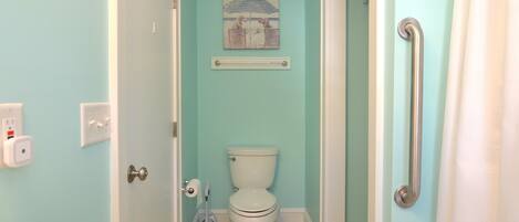 A bathroom with a toilet, a handrail, a painting on the wall, and a floor lamp.