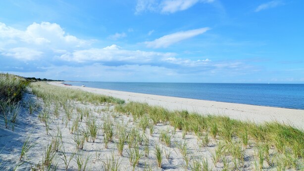 A beach with sand dunes and a clear blue sky. - 8 Rhode Island - BAY BLOCK HOME, STEPS FROM LEWES BEACH (Lewes)