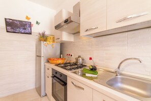 Fridge, oven, stovetop, cookware/dishes/utensils