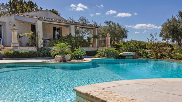 Ein Pool mit Fliesen umgeben von Grün und einem Haus mit einem Ziegeldach.
