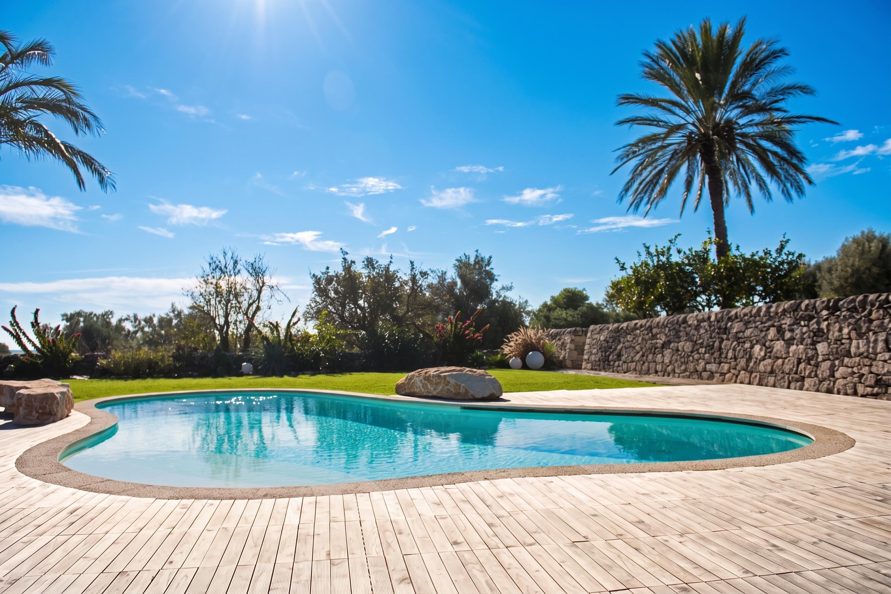 Piscina con cubierta de madera, rodeada por un muro de piedra y palmeras.