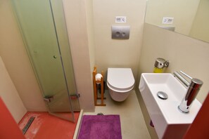 Ein kleines Badezimmer mit Duschkabine aus Glas, einer weißen Toilette und einem Waschbecken mit Spiegel.