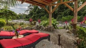 Un espace extérieur aménagé avec des sièges, protégé par un auvent et agrémenté de coussins rouges, le tout entouré d’un jardin naturel.