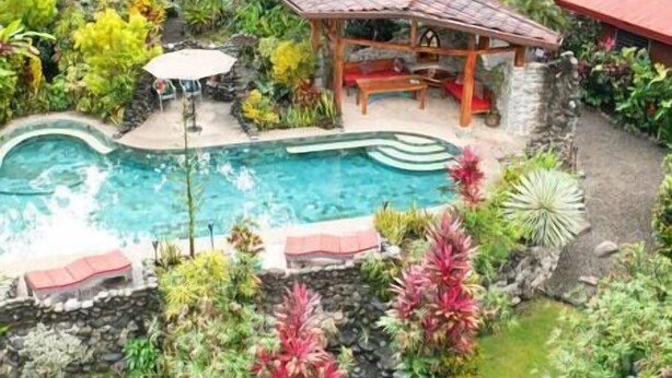 Une piscine entourée d’une végétation luxuriante et agrémentée d’un kiosque en bois.