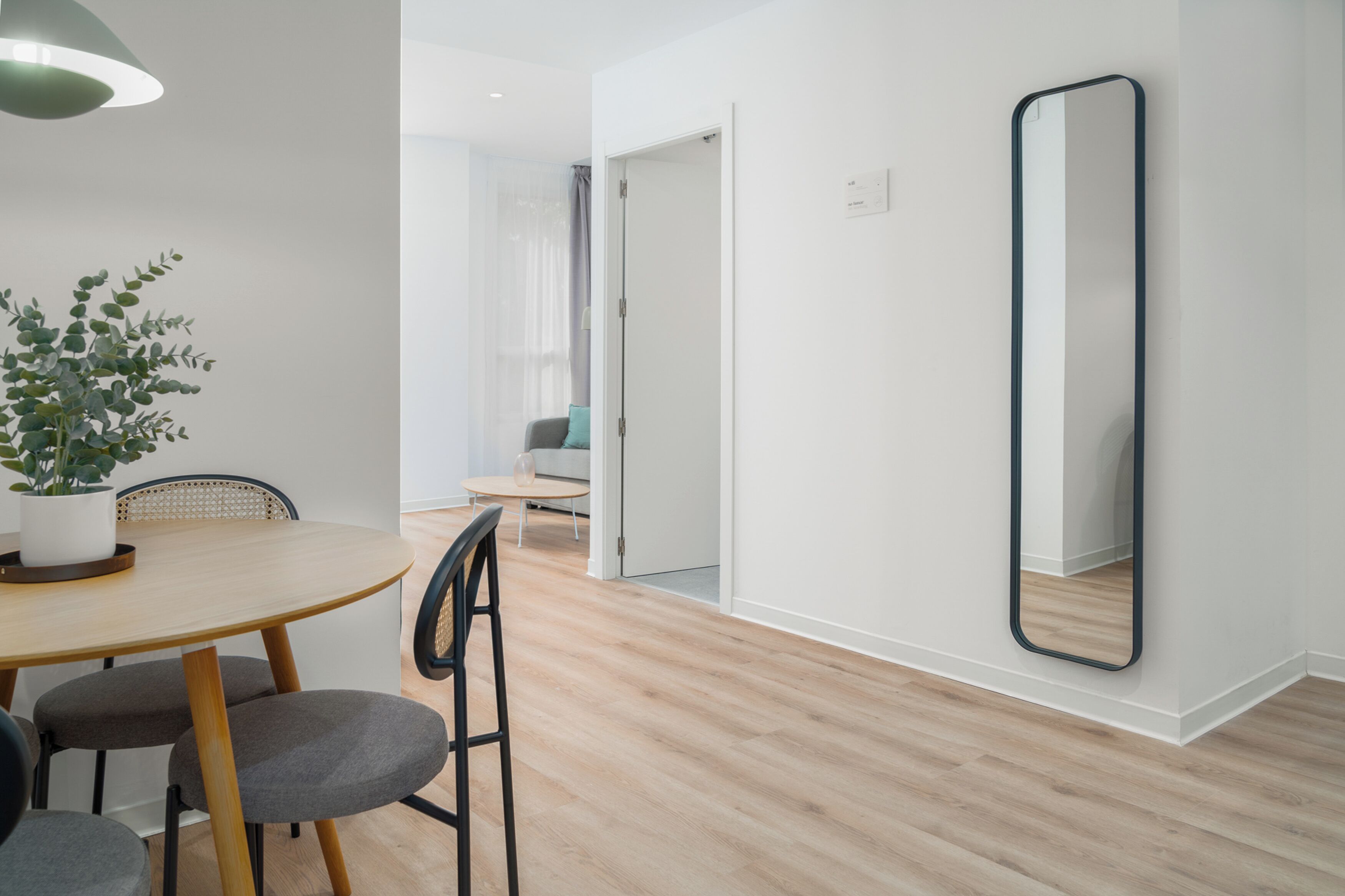 A modern dining area with a round table, chairs, a potted plant, and a large mirror on the wall.