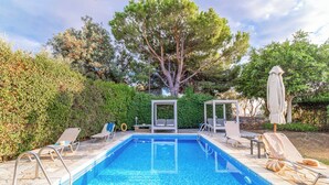 A rectangular swimming pool with a tiled edge, surrounded by lounge chairs and umbrellas, with a large tree and dense foliage in the background.
