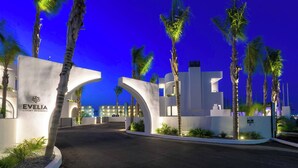 A luxury residence entrance with a modern design, palm trees, and a clear sky.