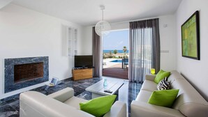 Una sala de estar moderna con chimenea, sofá y vista al océano.