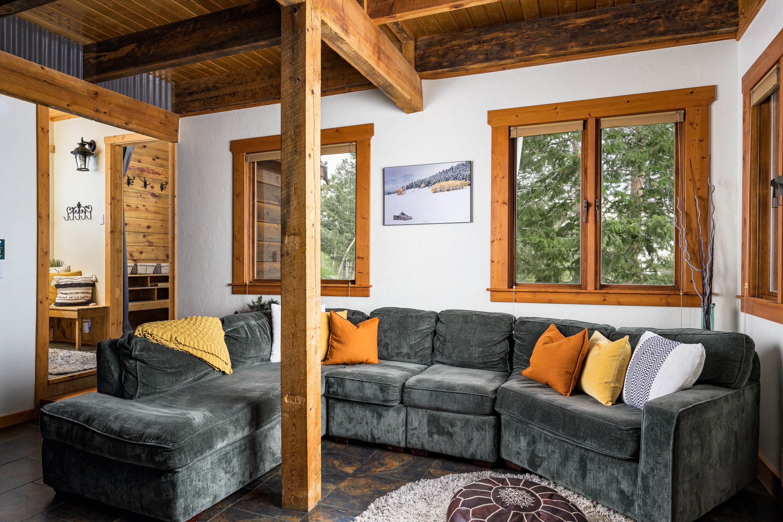 Smart TV, fireplace, books, stereo