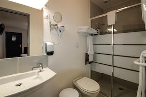 Shower, free toiletries, hair dryer, towels