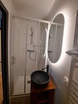 Regadera, secadora de cabello, toallas, papel de baño 
