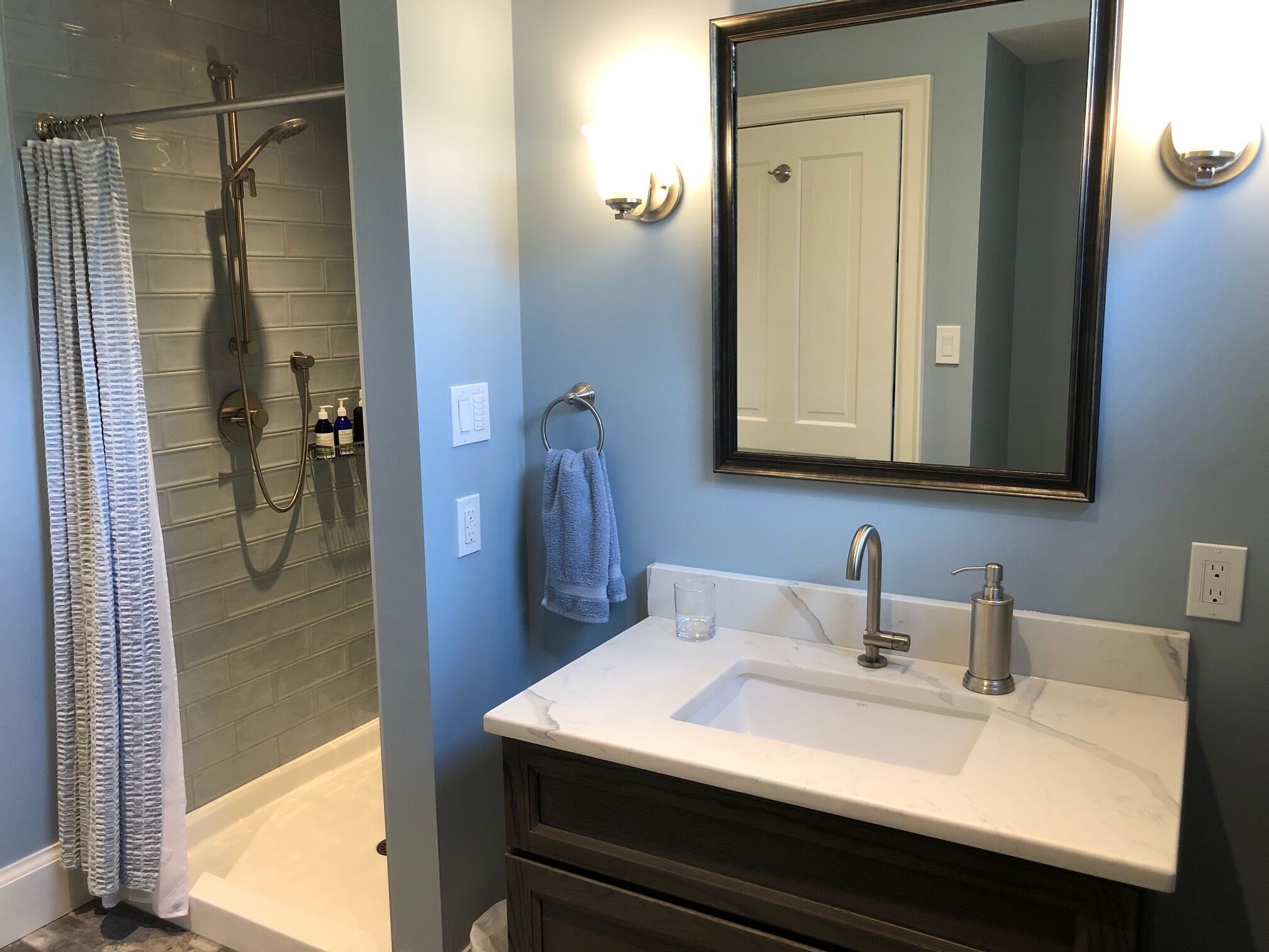 Hair dryer, towels, soap, toilet paper