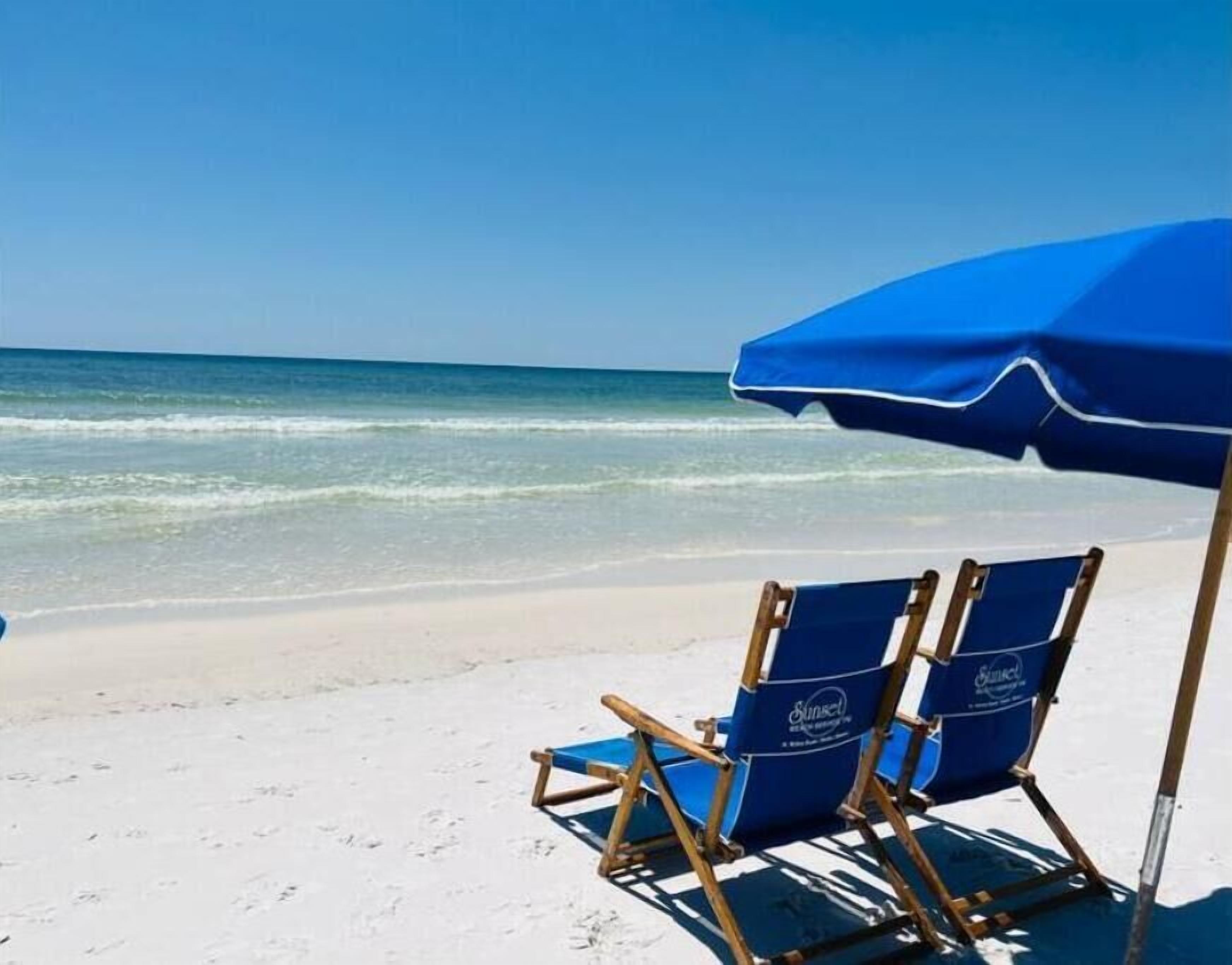 On the beach, sun loungers