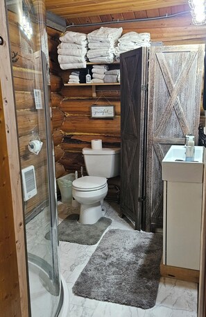 Shower, hair dryer, towels, soap