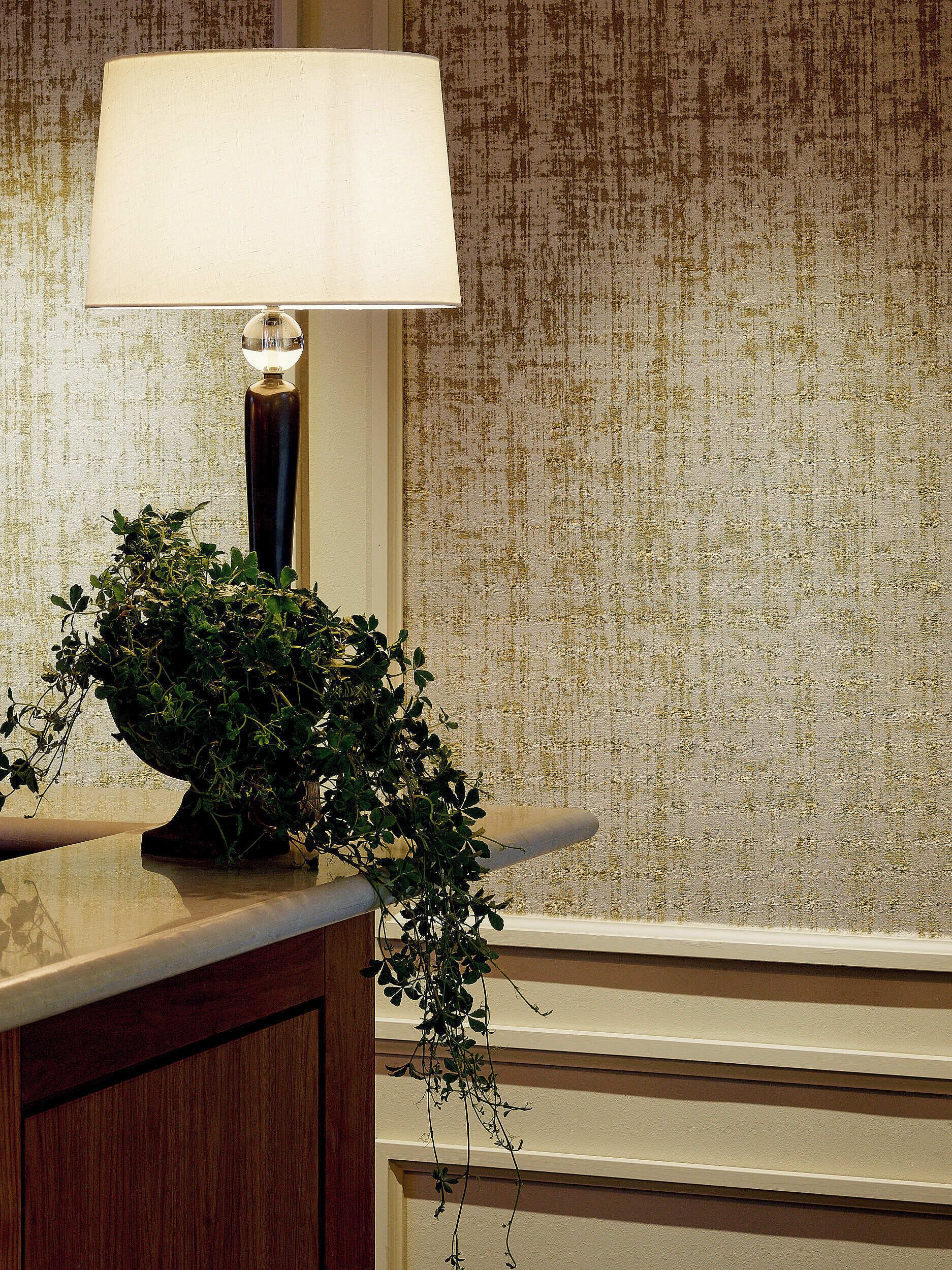 Una lámpara con pantalla blanca sobre una superficie de madera, una planta en maceta y una pared con textura.