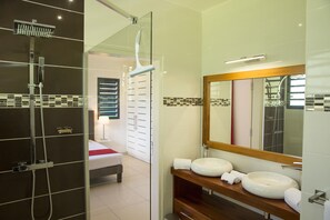 Shower, hair dryer, towels